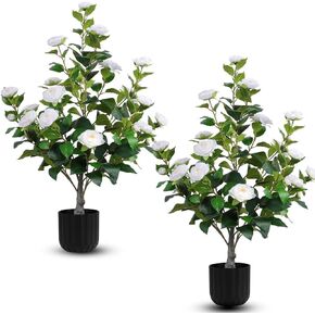 Hananona 2 Pcs Artificial Camellia Trees Faux Camellia Plant in Pot with Flowers Indoor Plants for Spring Home Decor Outdoor Porch Front Door Decor (Red, M)