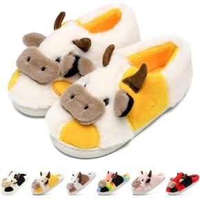 soofylia Women Men Cow Slippers Cotton Fuzzy House Slippers Memory Foam Slip-On Cute Fluffy Cartoon Cow Slides Warm Plush Animal Print Slippers Faux Fur Lining Winter