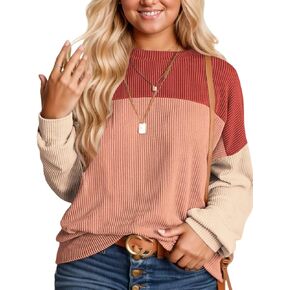 DOLNINE Plus-Size-Tops-for-Women Fall Casual Long Sleeve Shirts Oversized Color Block Crewneck Sweatshirts Ribbed Knit Tunic in Saudi Arabia