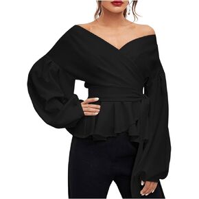 OYOANGLE Women's Off Shoulder Wrap V Neck Bishop Long Sleeve Blouse Belted Elegant Ruffle Peplum Shirt Tops