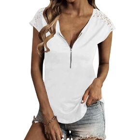 Women Summer Lace Sleeves Zip Up Tops Casual Crewneck Short Sleeves T-Shirt Loose Fit Tunic Tops Blouses