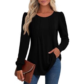 Riyiper Women's Tunic Tops, Pleated Crew Neck Long Sleeve Shirts Causal Puff Dressy Blouses Loose Fit Fall Winter Knit Tops