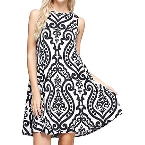 Women's Summer Sleeveless Damask Tunic Top Casual Floral Print T-Shirt Midi Dress with Pocket for Legging