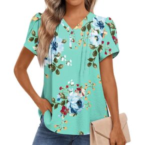 HOTGIFT Womens Summer Dressy Casual Blouses V Neck Shirts Pleated Short Sleeve Top for Leggings