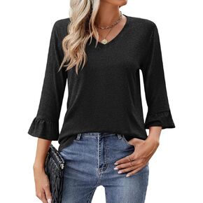 Syellowafter Womens 3/4 Ruffle Sleeve Tops Summer V Neck T Shirts Casual Loose Fit Tunic Blouses Basic Tees