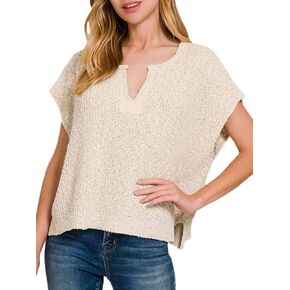 HOULENGS Women's Summer Cap Sleeve Sweaters Casual V Neck Lightweight Sweater Trendy Knit Pullover Tops