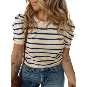 Beautife Womens Plus Size Short Puff Sleeve Sweater Tops Lightweight Striped T Shirts Summer Casual Crew Neck Knit Pullover