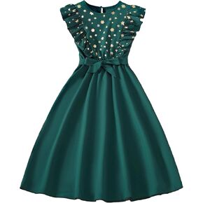 WDIRARA Girl's Flounce Sleeve Belted Gold Snowflake Party Swing A Line Dress