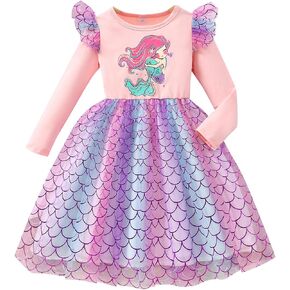 Toddler Girls Round Neck Rufflle Long Sleeve Elastic Waist with Sparkly Tulle Layers A-line Dress for 2-8 Years