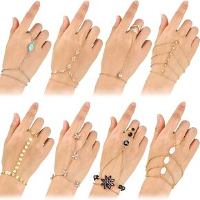 8 Pieces Hand Chain Set Ring Bracelet Hand Chain Tassel Crystal Finger Bracelet Bohemian Hand Jewelry for Women (Elegant)