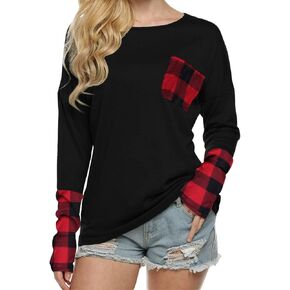 POGTMM Women's Fall Long Sleeve Tunic Tops O-Neck Patchwork Basic T-Shirts Blouse Tunic Tops with Thumb Holes (XL, Print 3)