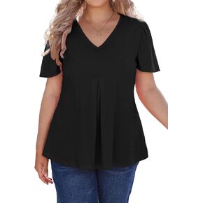 Women's Plus Size Tunic Tops Summer Short Sleeve V Neck Ruffle Blouse Pleated Casual Flowy Swing T Shirt