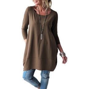 Fangetey Long Sleeve Tunic Tops for Women Casual Round Neck Fall Blouses Loose Fit Shirts Dresses for Leggings Brown Large