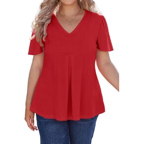 Women's Plus Size Tunic Tops Summer Short Sleeve V Neck Ruffle Blouse Pleated Casual Flowy Swing T Shirt