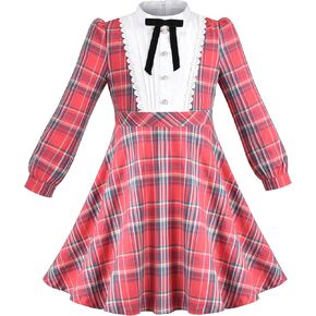 Sunny Fashion Girls Dress Red Checkered Lace Ruffle Skirt Long Sleeve Christmas