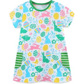 Hongshilian Toddler Girls Cotton Casual Dress Summer Playwear Short Sleeve Shirt Dresses