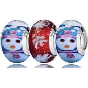 3pcs Handmade Murano Charms for Pandora Bracelets, 925 Sterling Silver Charms fit Pandora Bracelets, Snowman Charms, Snowflake Charms, Bead Charms for Women