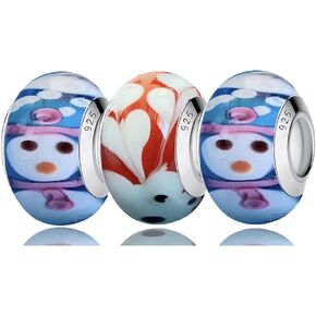 3pcs Handmade Murano Charms for Pandora Bracelets, 925 Sterling Silver Charms fit Pandora Bracelets, Snowman Charms, Snowflake Charms, Bead Charms for Women