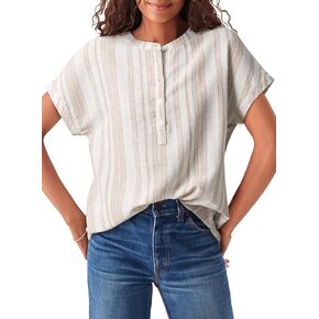 Astylish Womens Striped Henley Neck Linen Shirt Casual Button Down Cap Sleeve Blouse Tops