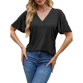 V Neck Ruffle Short Sleeve T-Shirts Womens Tops Basic Tees Fashion Trendy Casual Summer Outfits Spring Clothes 2024 Blouses