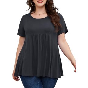 LARACE Women Short Sleeve Tunic Tops Plus Size Pleated Summer Shirts Crewneck Casual Loose Blouse L-5XL