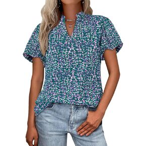 MASCOMODA Boho Short Sleeve Floral Work Blouses for Women Dressy Casual V Neck Puff Sleeve Loose Chiffon Flowy Tops Shirts