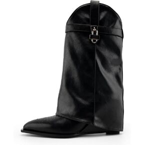heelchic Fold Over Boots for Women Embroidered Western Short Boots Pointed Toe Wedge Shark Lock Boots Pull on Black