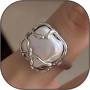Silver Liquid Metal Pearl Rings, Irregular Baroque Water Texture Statement Rings, Fashionable Adjustable Charm Jewelry Gifts for Women
