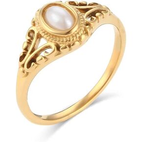 Vintage Freshwater Pearl Rings Stainless Steel Gold Plated Flower Pattern Jewelry for Women
