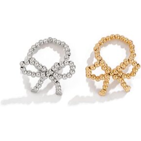 2Pcs Rice Beads Bow Finger Ring Set for Women Handmade Elastic Bowknot Beads Rings Cute Bow Rings Adjustable Bow Rings Stretch Bow Rings Jewelry Gifts