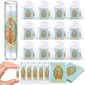 36 Pcs Mini Religious Candles Catholic Virgen De Guadalupe Prayer Candle Set First Communion Candle Virgin Mary Card White Gauze Bag Spiritual Miniature Candle for Church Baptism Wedding Gift