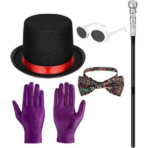 5 Pcs Men Costume Accessories Include Black Top Hat Bow Tie Walking Scepter Sunglasses Gloves for Halloween Cosplay Accessories