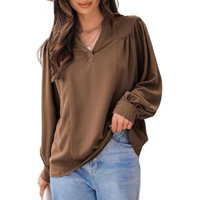 Dokotoo Womens Blouses Tops for Women Trendy V Neck Smocked Blouses for Women Dressy Casual Long Sleeve Shirts for Women