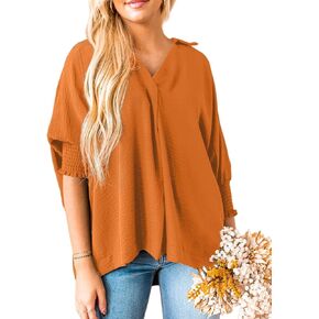 Merryfun Women's Summer V Neck Shirts 3/4 Sleeve Oversized Dressy Blouses Loose Collared Shirt Casual Solid Tunic Tops