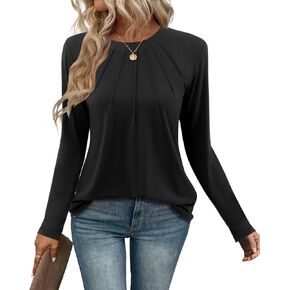 Florboom Womens T Shirts Long Sleeve Tops Pleated Crew Neck Dressy Casual Loose Fit Fall Tunics