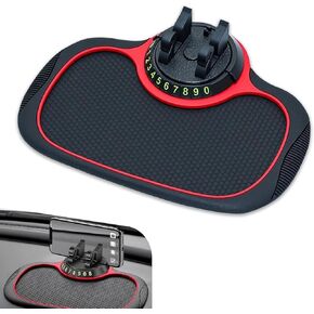 Pack-1 Car Dashboard Anti-Slip Mat, Multi-Function Mobile Phone Holder Parking Number Plate, Soft Waterproof PVC Storage Mat with 360 Degree Rotating Bracket, Universal for Cars (Black & Red)