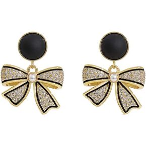 CZ Black Bow Knot Dangle Stud Earrings for Women Pearl Crystal Rhinestone Butterfly Knot Dangling Drop Earrings 14K Gold Plated Dainty Jewelry