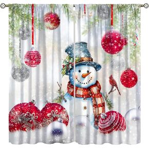 Christmas Snowman Decor Curtains for Kids,Cartoon Fantasy Winter Snow Red Bells Snowflake Christmas Tree Cardinal Gift Window Drapes Print for Boys Girls Bedroom Living Room Kitchen 42x45in