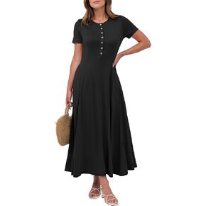 ANRABESS Women's Summer Casual Maxi Dresses Short Sleeve Button Fit and Flare A-Line Flowy Long T Shirt 2025 Vacation Dress
