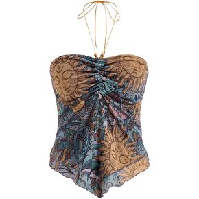 WDIRARA Women's Boho Print Ruched Sleeveless Halter Top Summer Asymmetrical Hem Tank Top