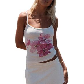 Y2K Flower Print Camisoles Spaghetti Strap Backless Cherry Tree Crop Tank Tops Vacation Going Out Crop Tops