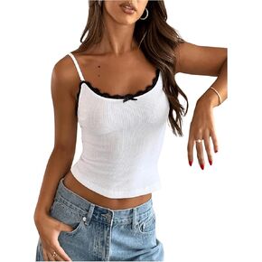 Women's Lace Trim Bowknot Crop Tops Summer Spaghetti Strap Camisole Top