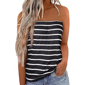 Womens Striped Tube Tops Strapless Bandeau Tanks Tops Backless Sleeveless Loose Fit Shirts Casual Blouse