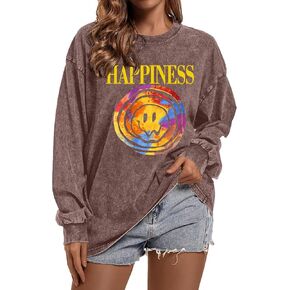 Women's Oversized Graphic Pink Sweatshirt Preppy Aesthetic Smile Face Shirts for Teen Girls Long Sleeve Pullover Top