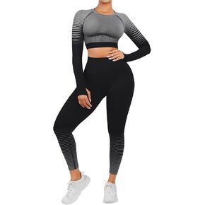 FeelinGirl 2 Piece Seamless Long Sleeve Crop Tops Seamless Workout Sets for Women Tummy Control Outfits High Waist Leggings