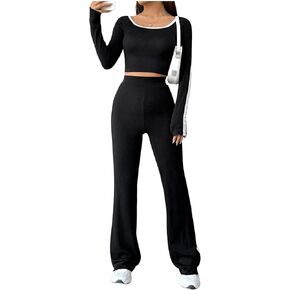 MakeMeChic Women's Two Piece Outfits Lounge Sets Long Sleeve Crop Tops and High Waisted Pants Tracksuits