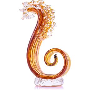 LCCCK Amber Sea Glass Art Show Piece for Home Decor, Abstract Glass Sculpture Wave Ocean Coastal Theme Decor, Blown Glass Art Statue, Fused Glass Sculpture for Beach House Office Paperweight