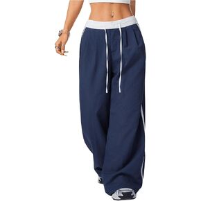 WDIRARA Women's Drawstring Waist Color Block Long Pants Slant Pocket Straight Leg Trousers