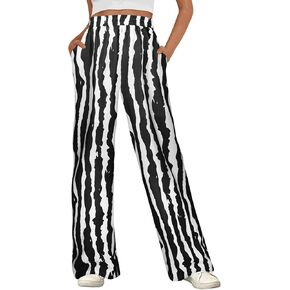 Women Striped Pants Loose Wide Leg Trousers Casual Low Waist Fashion Lounge with Pockets