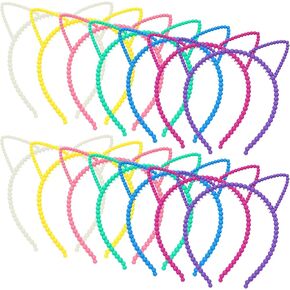 Lawie 14 Pieces Colorful Cute Cat Ear Headbands Pearl Beads Plastic Hair Bands Hair Clasp Kids Girls Birthday Party Headwear Costume Accessories Bulk